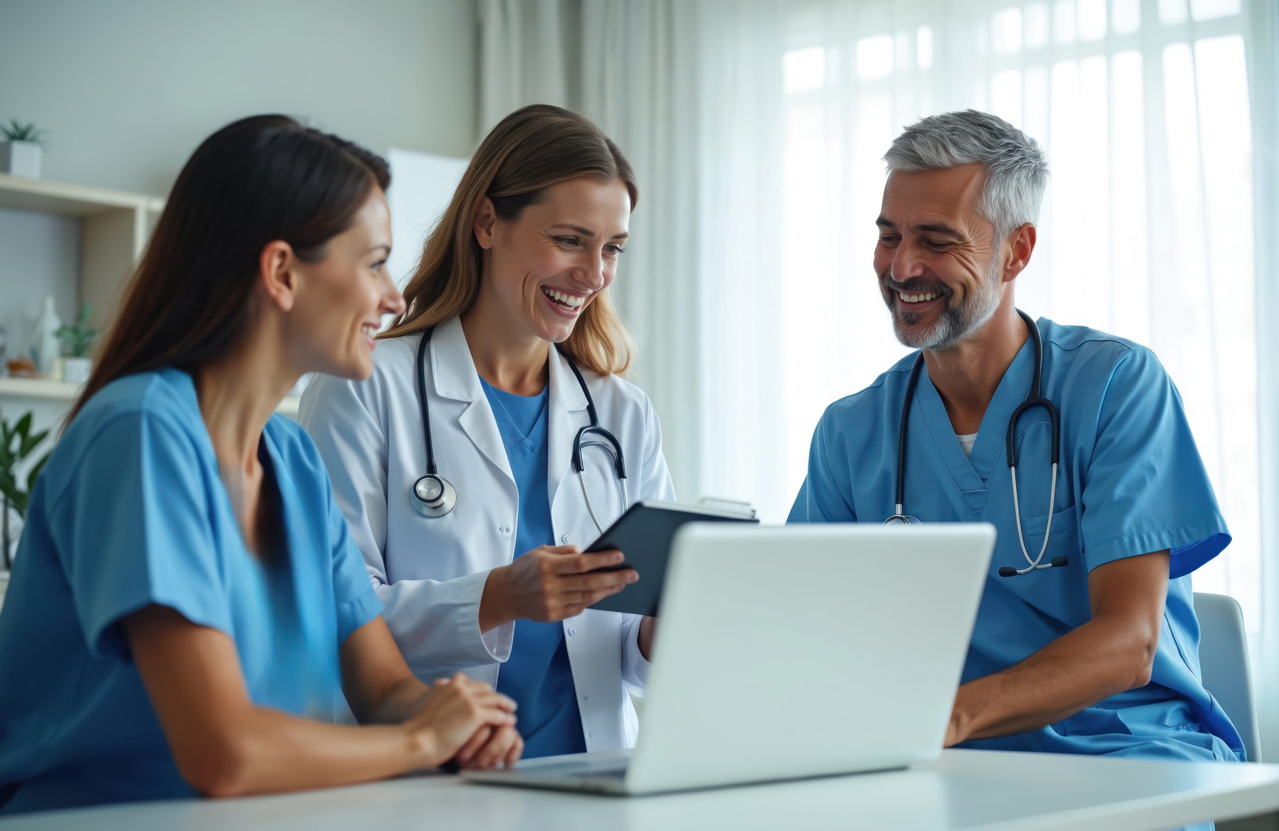 Medical team collaborates on patient treatment plan in modern office. Doctors, nurses discuss diagnosis, strategy, patient records using laptop tablet technology. Pro healthcare staff work together